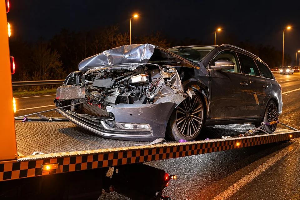 Accident-damaged vehicle on a K.O.M recovery truck