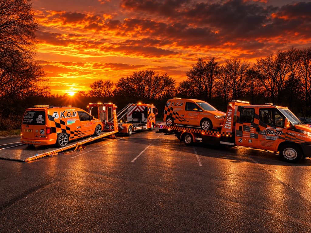 Orange K.O.M recovery trucks and vans beneath a vivid orange sunset